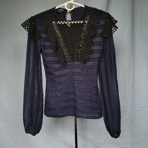 XS Bebe Black & Blue Lace Top Long Sleeve Super Cute Unique See Through Flirty